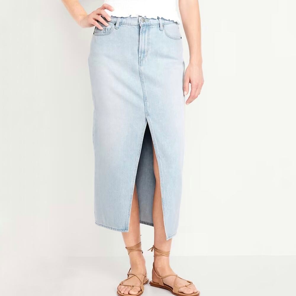 Old Navy Women's Maria Mid Rise Column Front Slit Denim Midi Skirt Size 12